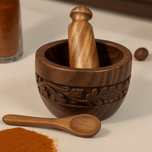 🪵 Handcrafted Wooden Mortar & Pestle Set (Okhli) with Traditional Floral Carving - Image 1