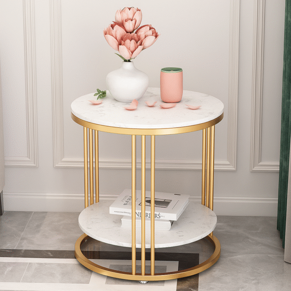 Round gold and white side table with open storage shelf