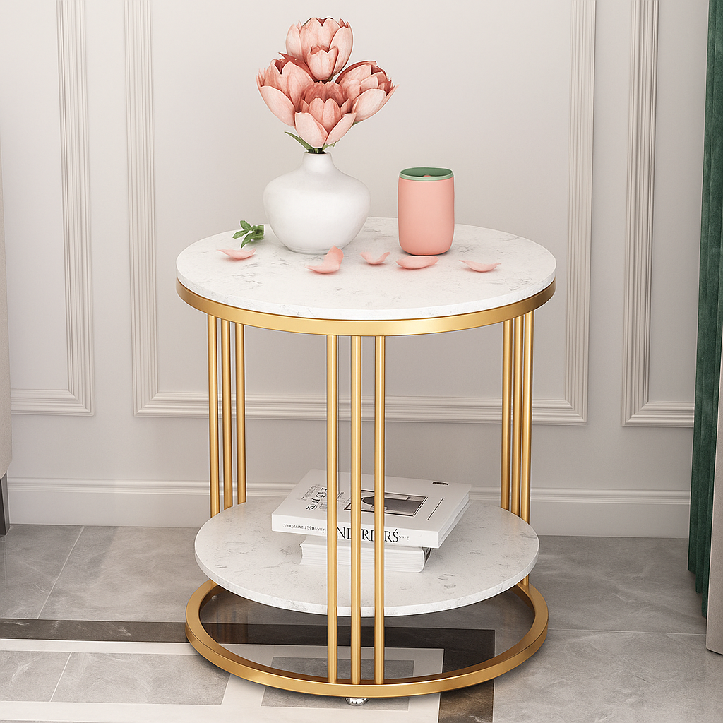 Round gold and white side table with open storage shelf