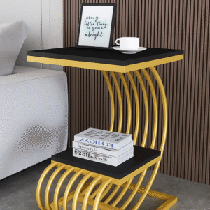 Modern black and gold bedside table with metal frame and wood top