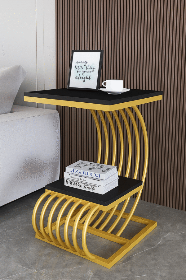Modern black and gold bedside table with metal frame and wood top
