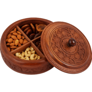 Handcrafted round wooden dry fruit box with floral carving and lid