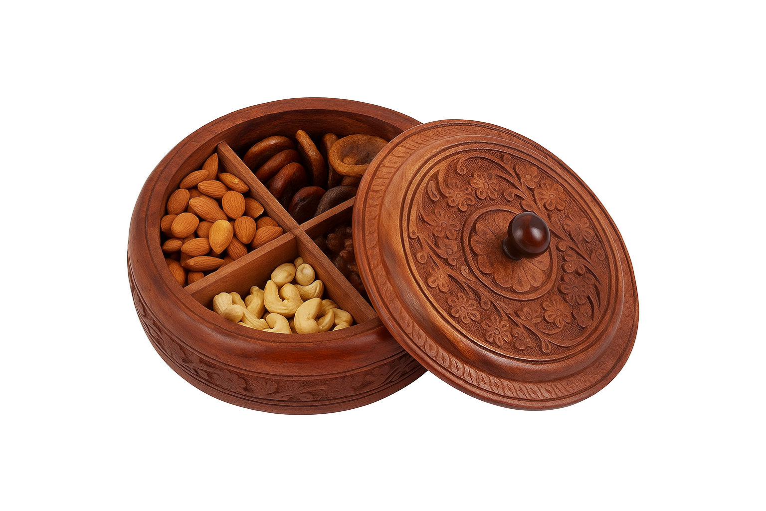 Handcrafted round wooden dry fruit box with floral carving and lid