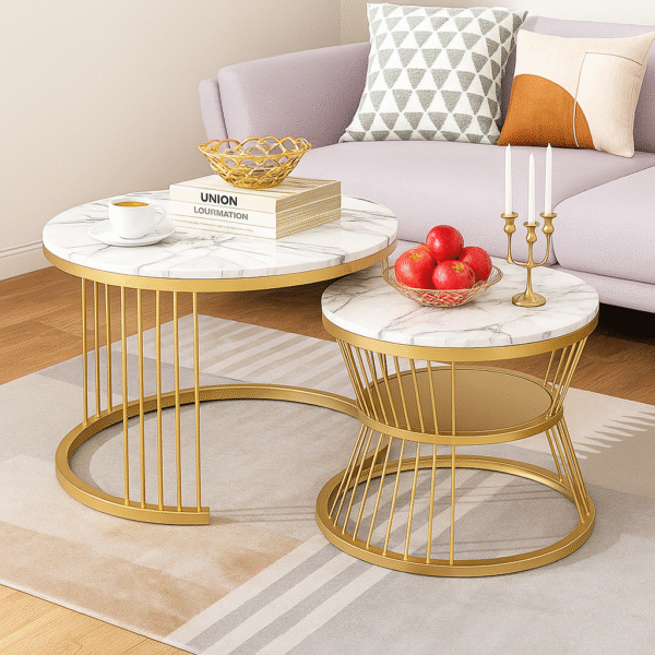 Gold and white marble-look tea tables for living room or bedroom