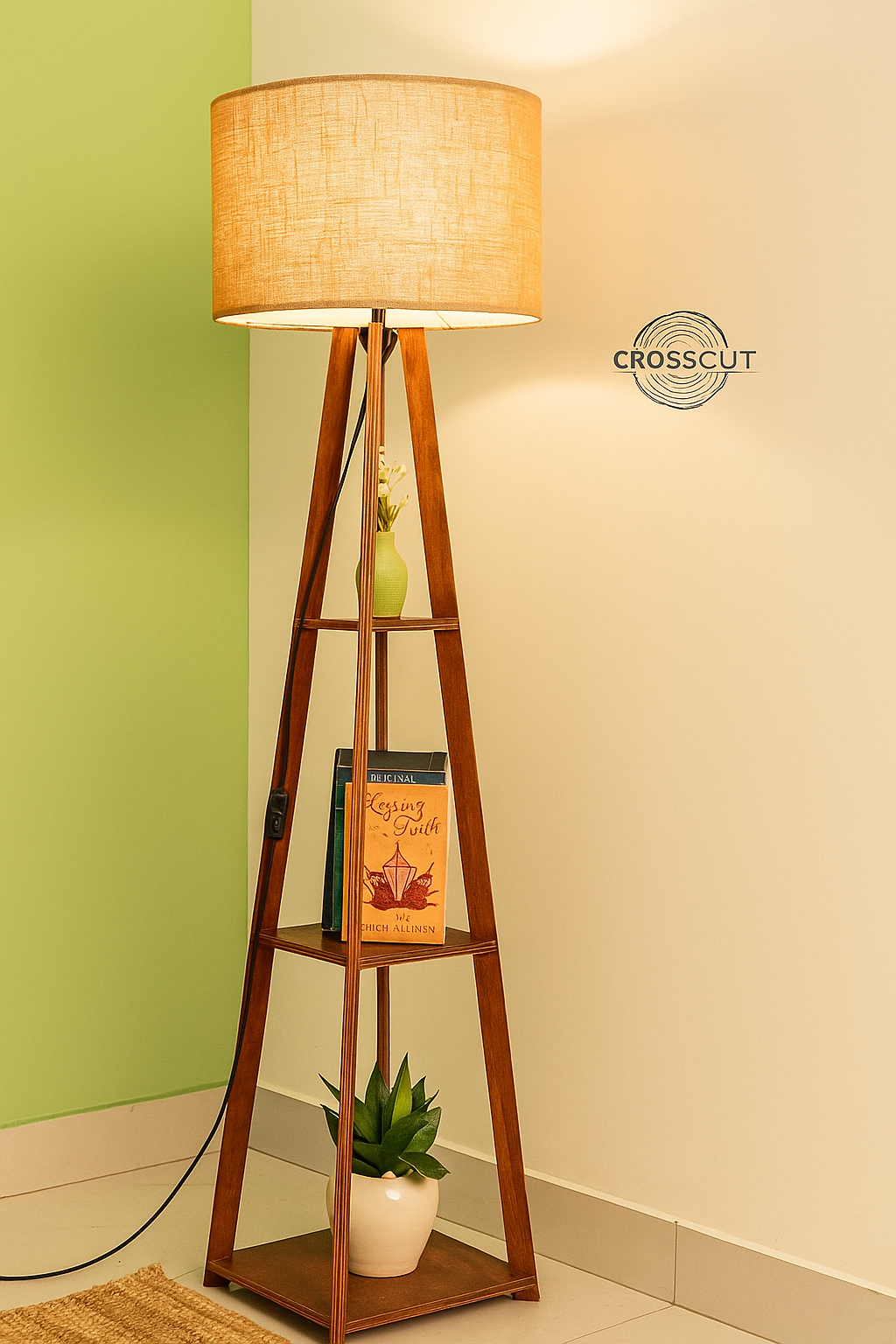 Wooden floor lamp with natural jute shade and built-in shelves for modern living room decor