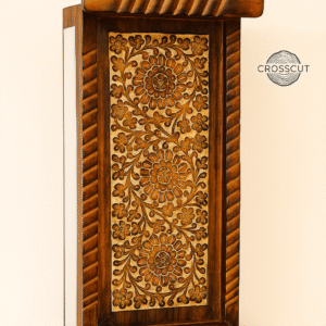 Handcrafted wooden serving tray with intricate floral carving, rustic brown finish