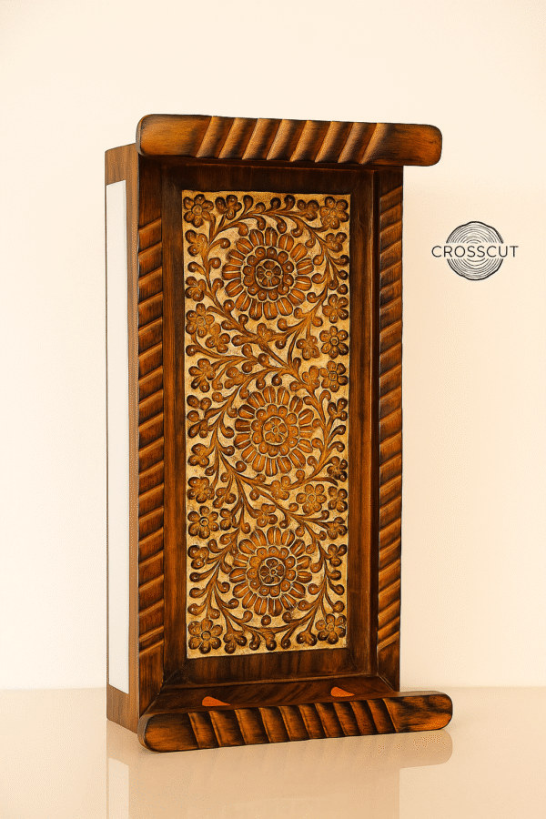 Handcrafted wooden serving tray with intricate floral carving, rustic brown finish