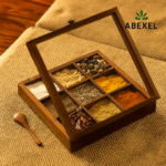 Handcrafted Sheesham wooden masala box with fixed partitions and wooden spoon – 50ml spice containe