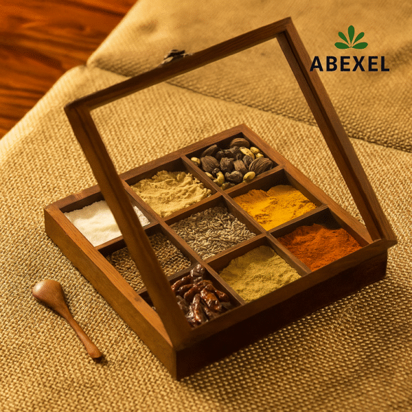 Handcrafted Sheesham wooden masala box with fixed partitions and wooden spoon – 50ml spice containe