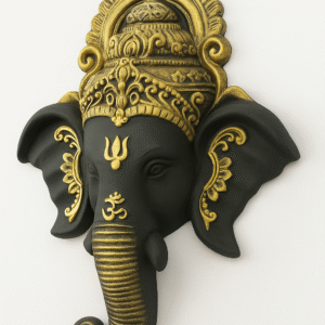 Black and Gold Ganesha Face Wall Hanging Showpiece – Handcrafted Lord Ganesh Mural for Home & Office Decoration